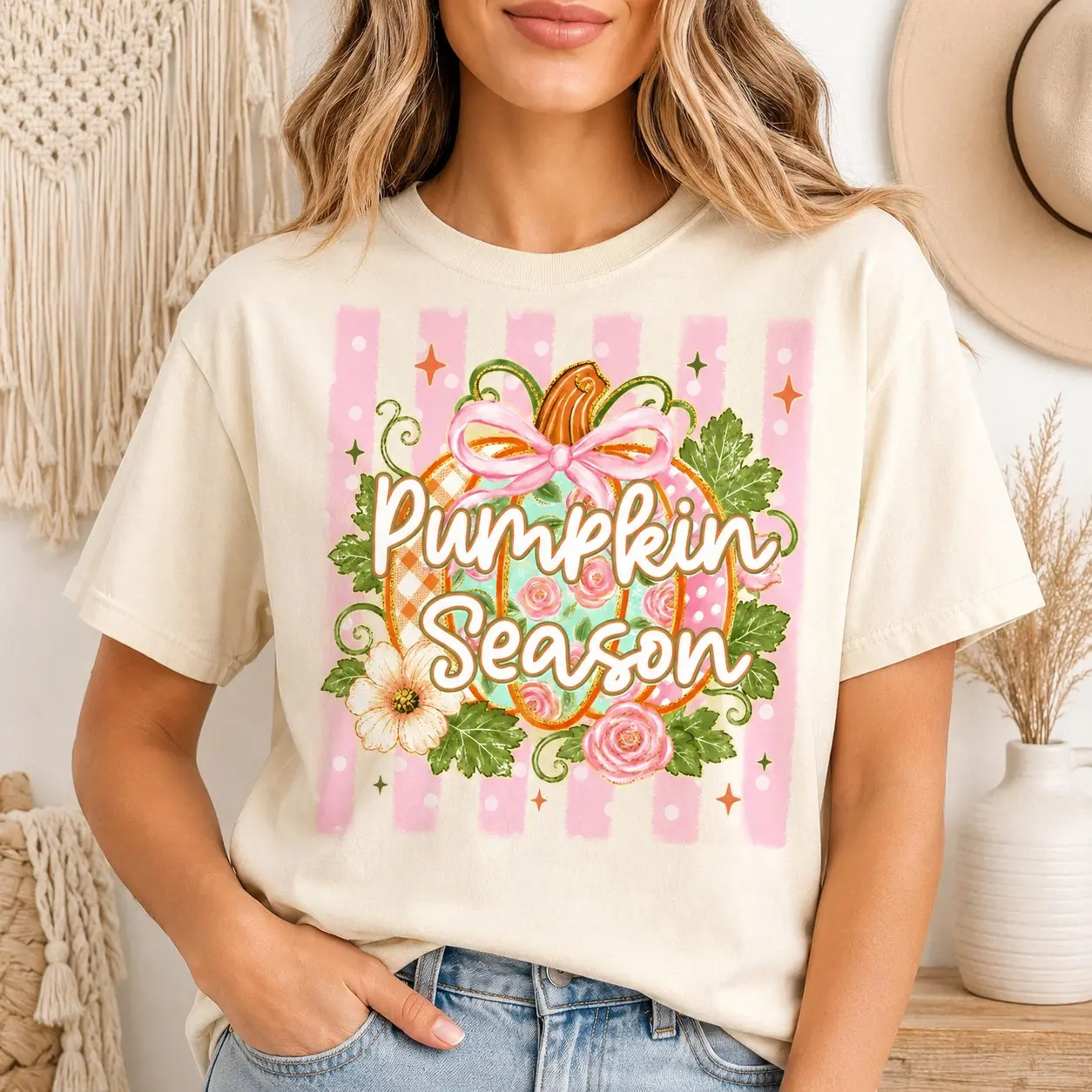 Comfort Colors Pumpkin Season Floral Ribbon Ladies Shirts for Women Thanksgiving, Pastel Cottagecore Autumn Short Sleeve Top Birthday Present