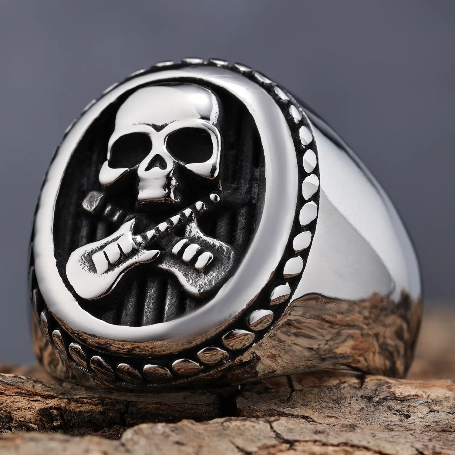 European and American Men's Unique Punk Retro Skull Guitar Stainless Steel Ring