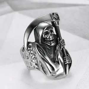 Men's Stainless Steel Death Reaper Scythe Skull Ring - Gothic Punk Geometric Jewelry, Dark Aesthetic Rings, Halloween Party Accessory, Fashion Gift Item