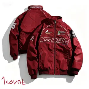 Men’s racing-style bomber jacket — graphic print with patch details, stand collar design, fleece fabric provides comfort and warmth, perfect for casual street style, everyday wear, or this season’s trendy sporty look; long sleeves.