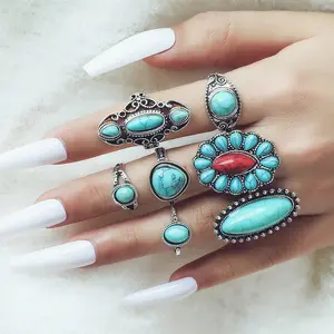 8-Pcs Vintage Boho Stackable Ring Set - Ethnic-Style Carved Feather Flower Statement Rings, Silver-Tone Turquoise Jewelry for Daily & Festival Wear
