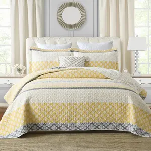 Quilt  Size,  Quilt Set,   Floral Quilts,  Quilted Bedding Set Bedspreads, Patchwork Reversible Lightweight Comforter Bed Spread for  Season, Yellow/Gray, 3 count