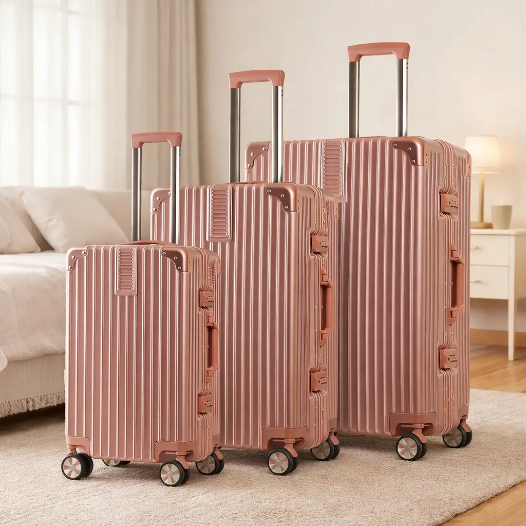 Zipperless Aluminum-Frame Luggage Set: 3-Piece Family Travel Collection (20"/24"/28") — Includes 20-Inch Carry-On for Business & Leisure Trips suitcase gold