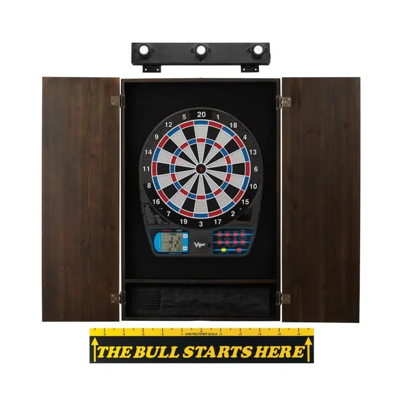 Electronic Dartboard Bundle with Metropolitan Espresso Wood Cabinet for Game Room, 787 Board with Concave Segment Holes, LED Light, Brass Darts, Supports 16 Players, 15.5” Target Face