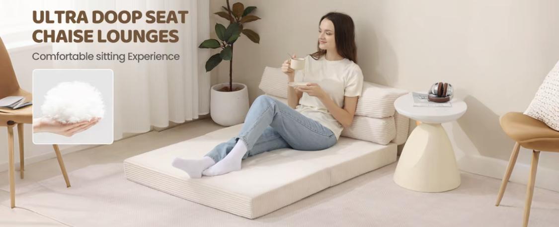 WINZOO Beige Convertible Futon Sofa Bed, Corduroy Fabric High-Density Foam Loveseat, Multifunctional Foldable Design for Living Room & Bedroom Reading Relaxation