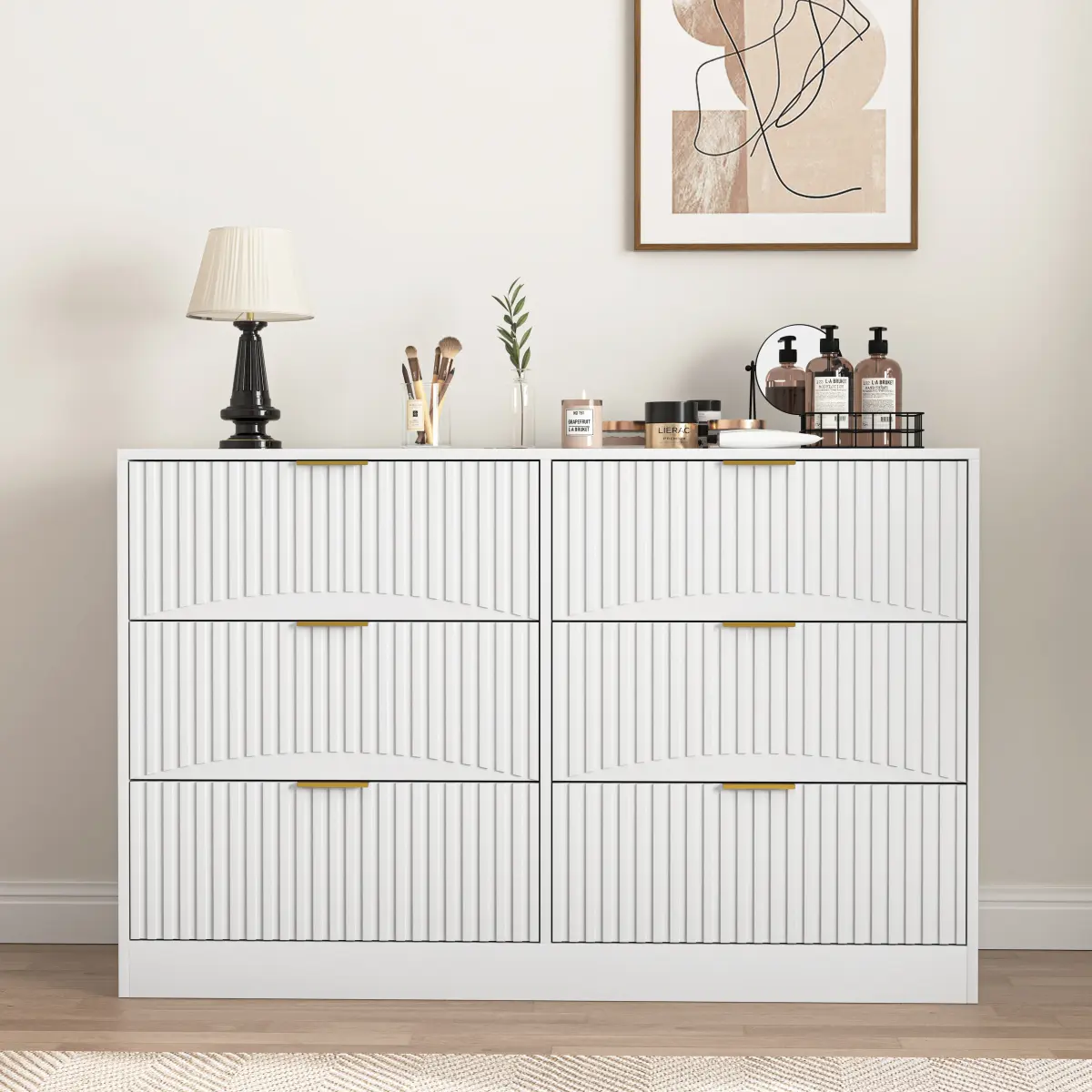 [Bellemave]  47.2" Large Storage Cabinet with 6 Drawers, Wood Chest of Drawers with Golden Handles, White Dresser for Bedroom, Living Room, Hallway