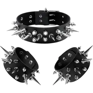 Leather Studded Spike Bracelet Choker Punk Gothic Metal Rivet Cuff Bangle Black Wristband