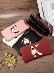 Chic Initial Mixed Floral Long Wallet, Fashion Monogram Full-Zipper Clutch Purse Large Capacity Multi-Slot Portable Card Holder for Women Daily Use & Travel