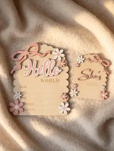 Double-Sided Newborn Birth Announcement Board, Hello World & Shes Here Hospital Sign, Wooden Baby Name Plaque, Photography Prop & Keepsake Gift