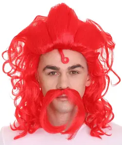 HPO  Men s Long Red Straight Handle Bar Mustache Smooth Wig Premium Breathable