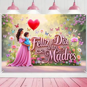 Summervibes 1PC Polyester Reusable 2D Flat Spanish Mother's Day Party Decoration Backdrop - Parent-Child Theme Photo Background Curtain, Warm Garden Butterfly Flower Hanging Cloth for Festival Celebration, Banners & Birthday Photography,summervibes