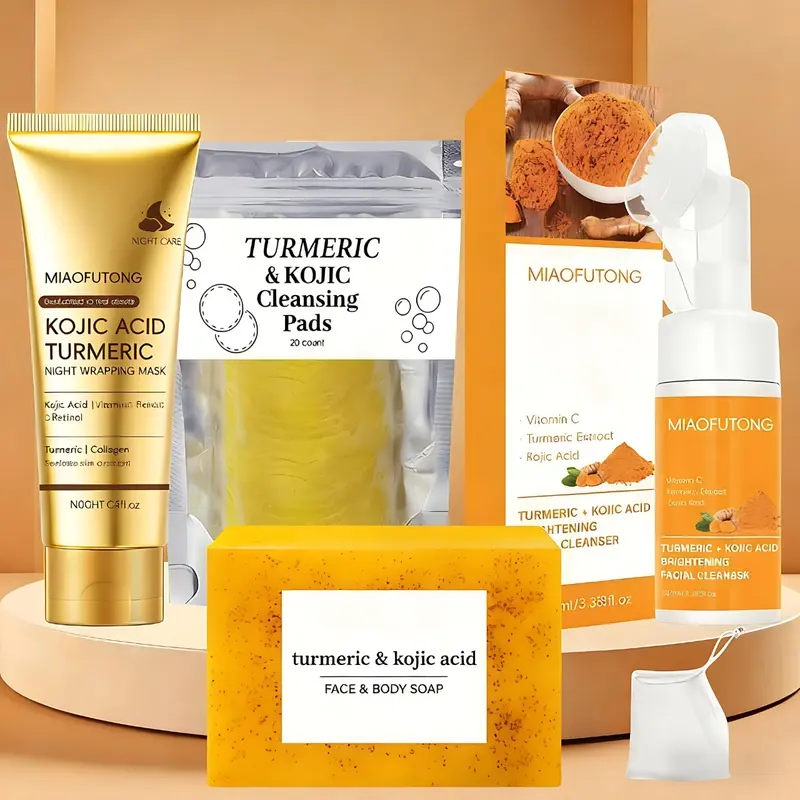 Unisex Turmeric 4-Piece Complete Cleansing Kit - Natural Luxury Skin Care Set with Cleanser, Turmeric Bar Soap, Cleansing Mousse, Tablets & Night Mask for Full Face Care