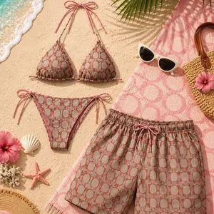 Luxury Couple Matching Swimwear Set – Pink Monogram String Bikini & Hawaiian Beach Shorts, Trendy Summer Vacation Outfit, Sexy Bikini Set for Women, Men’s Swim Trunks, TikTok Viral Beachwear