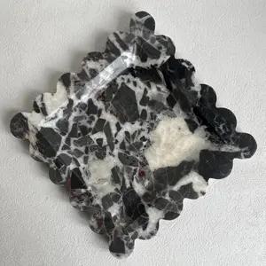 Vintage Natural Marble Tray Small Ornaments Scalloped Tray Handmade Storage Dish for Counter, Vanity, Dresser, Nightstand and Desk (Black White Brown)