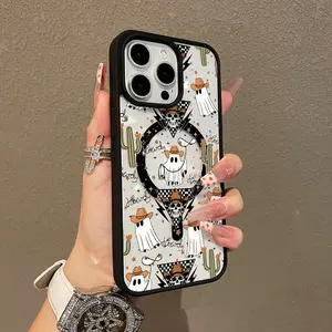 Adorable Magnetic Case for iPhone11/12/13/14/15/16/17/promax Western Halloween Ghost Pattern MagSafe Compatible, Lightweight, Anti-Fall | Girly & Chic Style