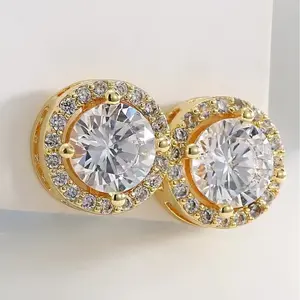 Classic Round 18K Tone Plated Stud Earrings, Simulated White Cubic Zirconia Jewelry Set, Unisex Fashion Accessories For Daily Looks & Music Festival