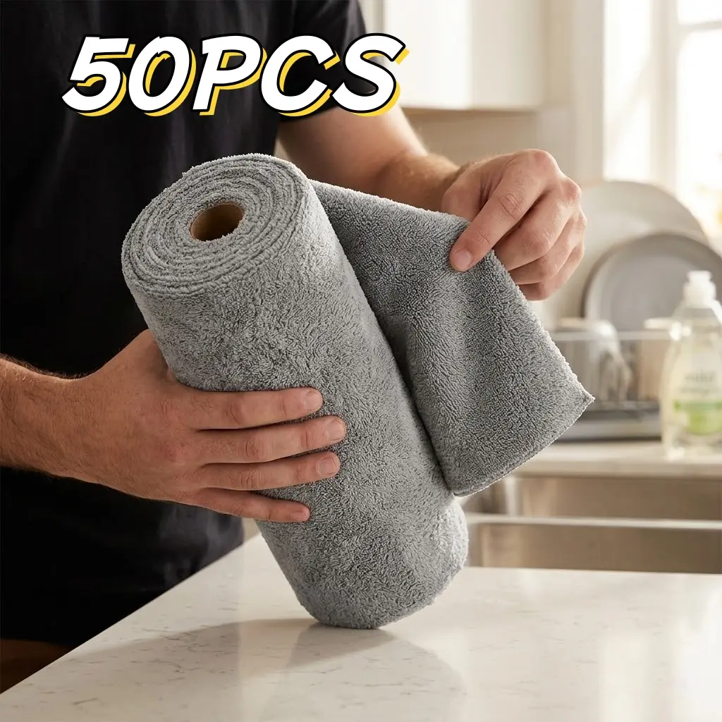 50-Pack Extra-Thick Microfiber Cleaning Cloths: Highly absorbent, lint-free cleaning towels suitable for repeated use in homes, kitchens, and automobiles—featuring a tear-off roll design, Absorbent Washcloths, Durable Absorbent Cloth