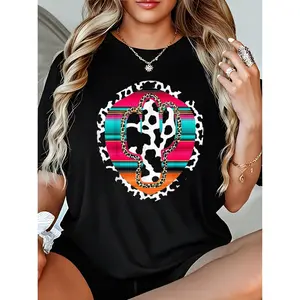 Western Cow Cactus Leopard Cheetha Serape Turquoise Pink T-Shirt Top Womenswear Cute Graphic Tee Casual