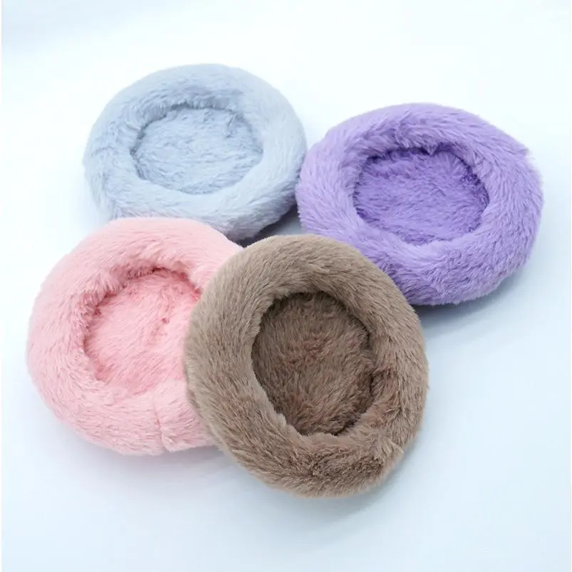 Fleece Cotton Small Animal Cosy Bed - Double Fluffy, Lightweight, Easy-to-Carry Round Autumn-Winter Cushion for Hamsters, Mice, Baby, Grey-L, 1pc Pet Supply, Machine Washable, Car Seat & Living Room Sofa Compatible, Supports Clean Environment, Pink-M