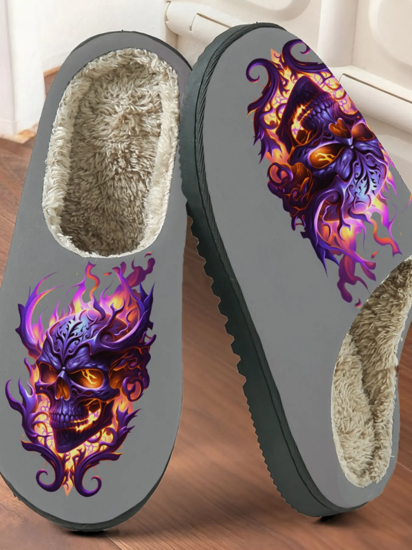 Colorful Flame Skull Printed Cotton Slippers, Dark Fantasy Style, Fuzzy Lined Anti-Slip Thick Sole, Home Use Men Women Fall Winter Warm Shoes