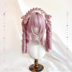 Women's Lolita Wig in Sweet Pink, Cute and Elegant Roman Curls with Double Ponytails, Pink and Purple Claw Clip, Full Headset Style