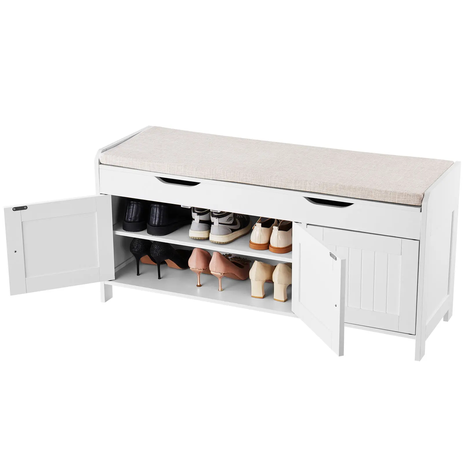 VEVOR Entryway Shoe Bench (41.3 x 13.8 x 19.8 inch) - White + Black, 250lbs Capacity, Lift-Top Storage, Cushioned Seat, 3 Cabinets, Adjustable Shelf Height, Highly Efficient Space Design for Small Homes, Children & Elderly, Assembly Required#SohoChic
