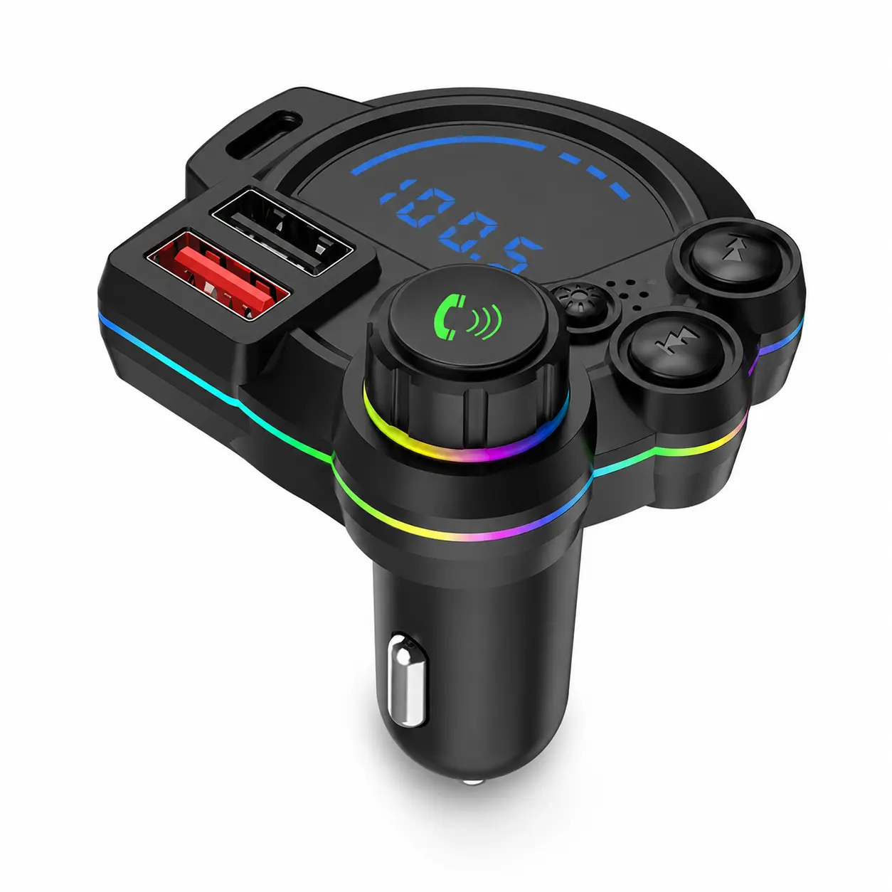 Type-C Car Charger & Bluetooth 5.3 FM Transmitter, Wireless MP3 Player with Dual USB Ports, Bass Sound Enhancer, RGB Glowing Radio Adapter, Hands-Free Calls, Car Accessories & Road Trip Essentials, Compatible with 12V-24V