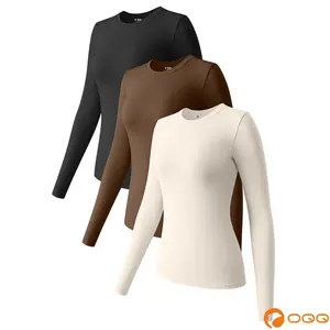 OQQ Women's 3 Piece Long Sleeve Tops Crew Neck Stretch Fitted Underwear Layer Tee Shirts Floral Plain Casual - Polyester, Womenswear Comfort Nylon