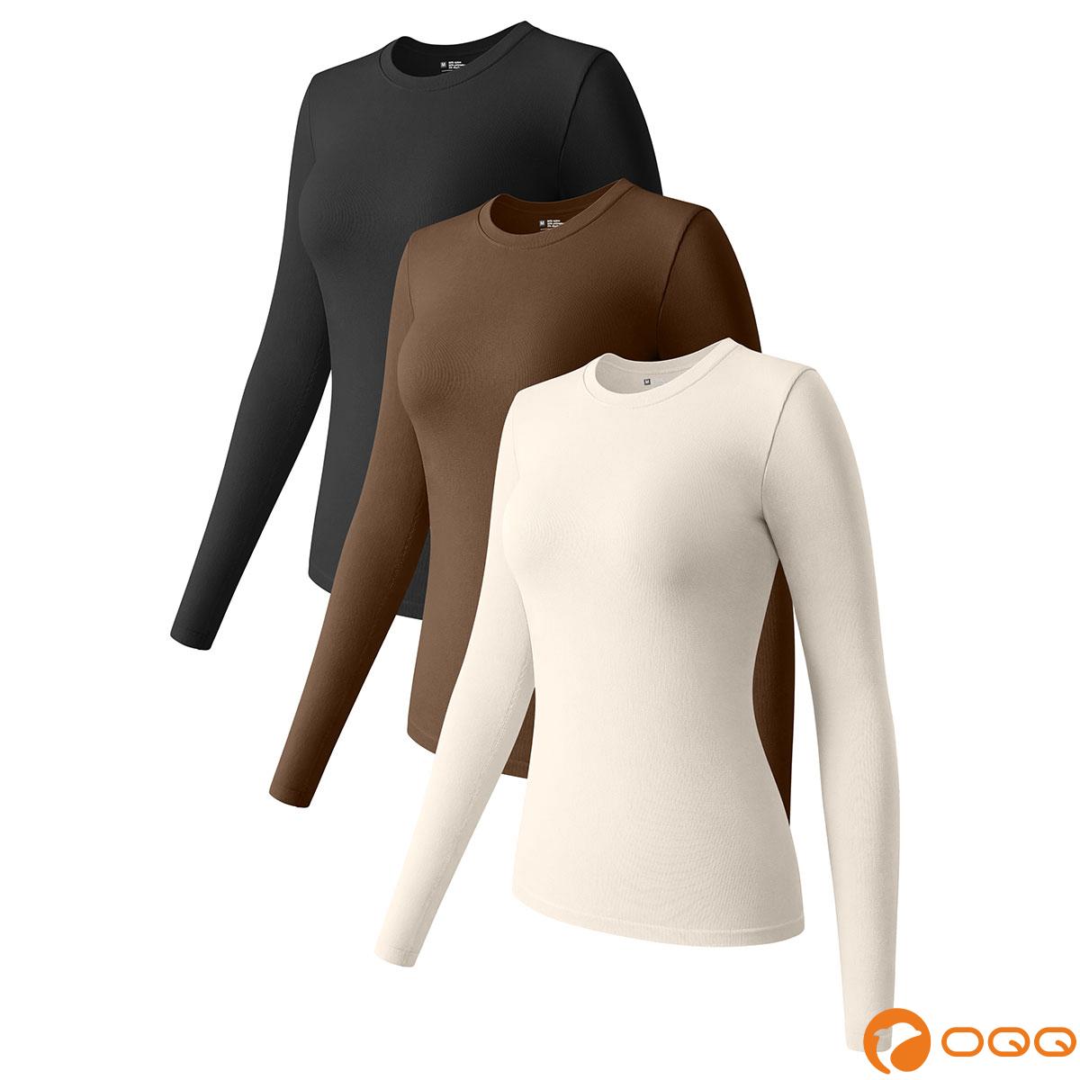 OQQ Women's 3 Piece Long Sleeve Tops Crew Neck Stretch Fitted Underwear Layer Tee Shirts Floral Plain Casual - Polyester, Womenswear Comfort Nylon