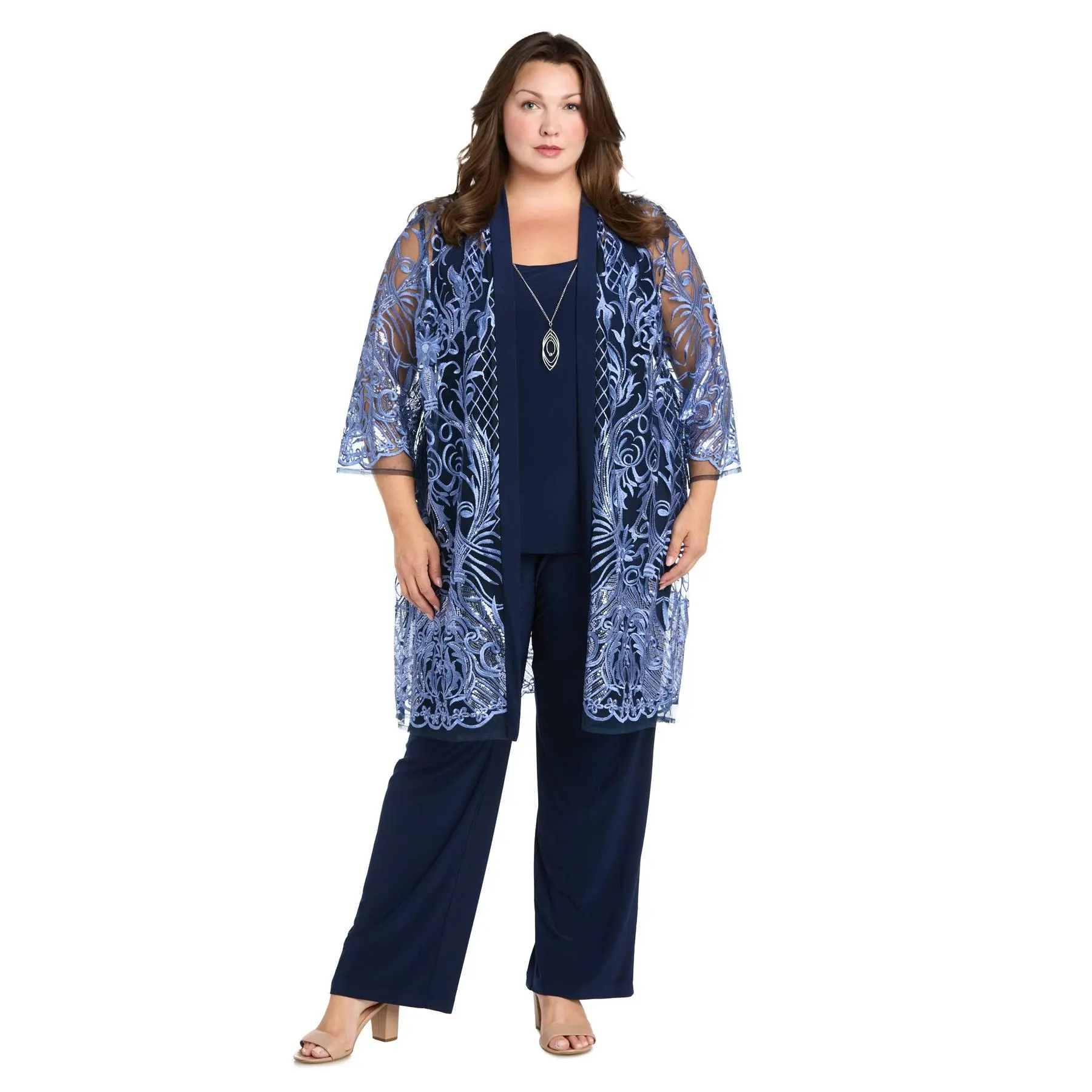 Sequined Embroidered Lace Pantsuit - Plus
