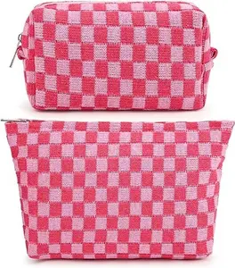 Makeup Bag - Large Checkered Cosmetic Bag with Pink and White Design, 2 Pieces, Travel Toiletry Organizer for Women