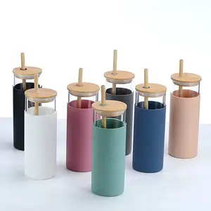 Reusable Glass Cup With Lid & Straw 16.90z Drinkware Bamboo Bottle Water Bottles Portable Bottled Tumbler