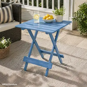 Portable Foldable Square Shape Outdoor Dining Table - Solid Wood, Weather Resistant, Sturdy Legs X-Frame Base, Compact Pre-Assembled, Space-Saving Garden Dining Table for Backyard, Balcony, Blue Color,summervibes