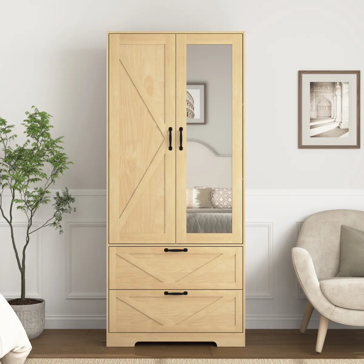 2 Door Wood Wardrobe for Bedroom with Hanging Clothing Rod inside the Cabinet and 2 Drawers for Storage Organization, Built-in induction light Multifunctional Closet with Mior, Natural