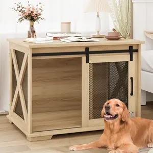 37'' Dog Crate Furniture Side End Table with Flip Top and Movable Divider, Furniture Style Dog Home with Wheels，Wooden Dog Crate Table Large