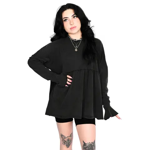 Foxblood Shop Women's Long Sleeve Cotton Khloe Babydoll Blouse - Ruffle, Vintage, Boxy Fit, High Waist Casual Dress