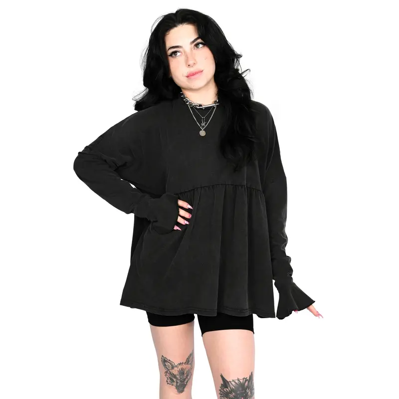 Foxblood Shop Women's Long Sleeve Cotton Khloe Babydoll Blouse - Ruffle, Vintage, Boxy Fit, High Waist Casual Dress