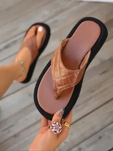 New Women's Plaid Thick-Soled Sandals, Fashionable Leather T-Strap, Comfortable Casual Walking Slippers for Summer