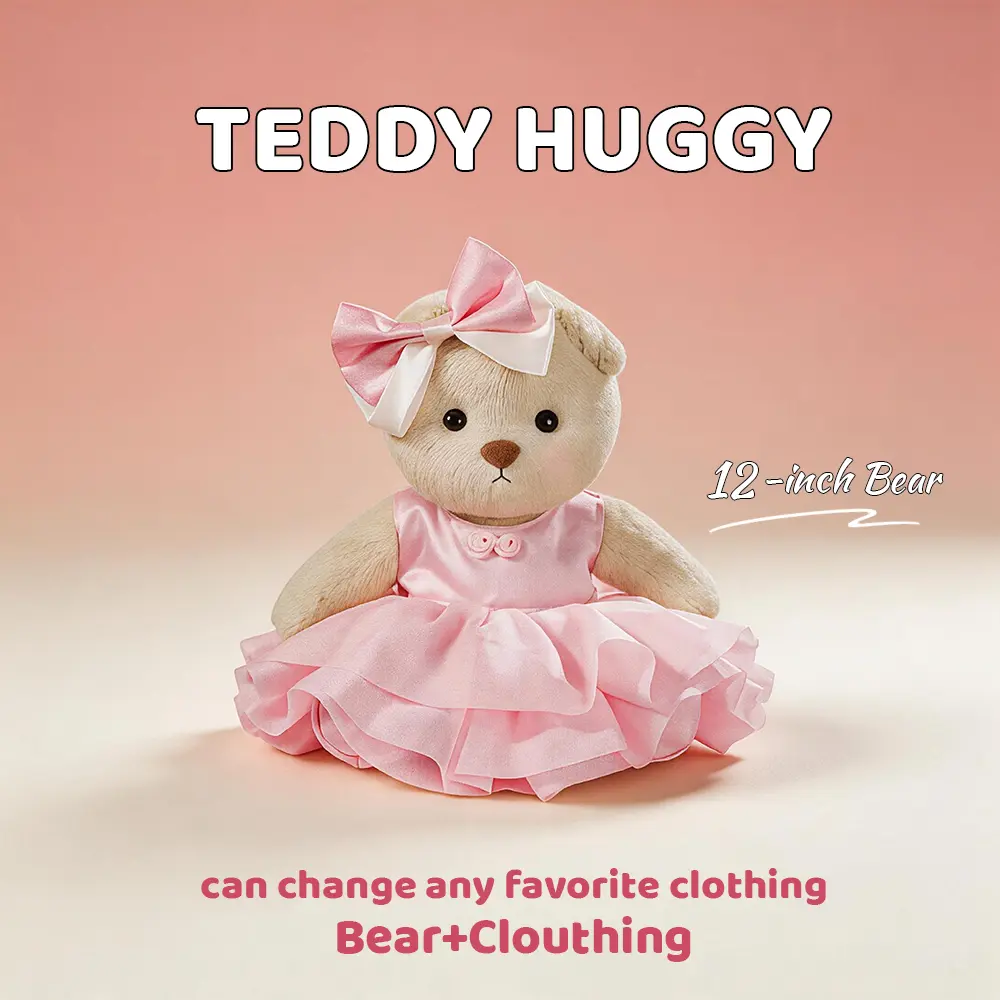 TEDDY HUGGY 12-in Cute Anthropomorphic Teddy Bear Soft Plush Toy - Movable Joints, Pink Dress 4-Piece Cute Animal Toys Set, Stuffedanimals for Kids Gift, Collectibles for Pretend Play