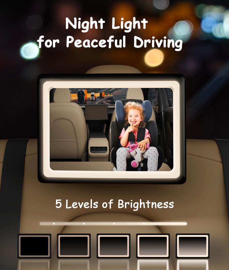 [Black Friday] Safety Car Seat Mirror with Seven Customized RGB Lights and 15° Convex Mirror for Wide Horizon Viewing - Well-prepared for Long Drive Rear Viewing