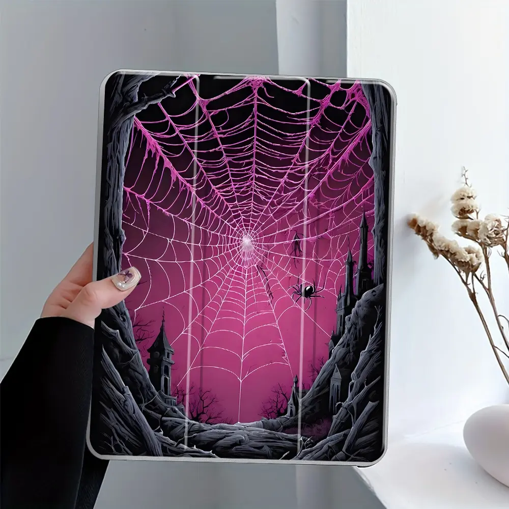 Gothic Pink Web Spider Halloween Design iPad Case, Ipad Covers, Transparent Acrylic Hard Back Panel With Pencil Slot Suitable for Ipad mini pro air, Scratch-resistant Ultra-thin Protective Case, Dark Fantasy Castle Scene Cover