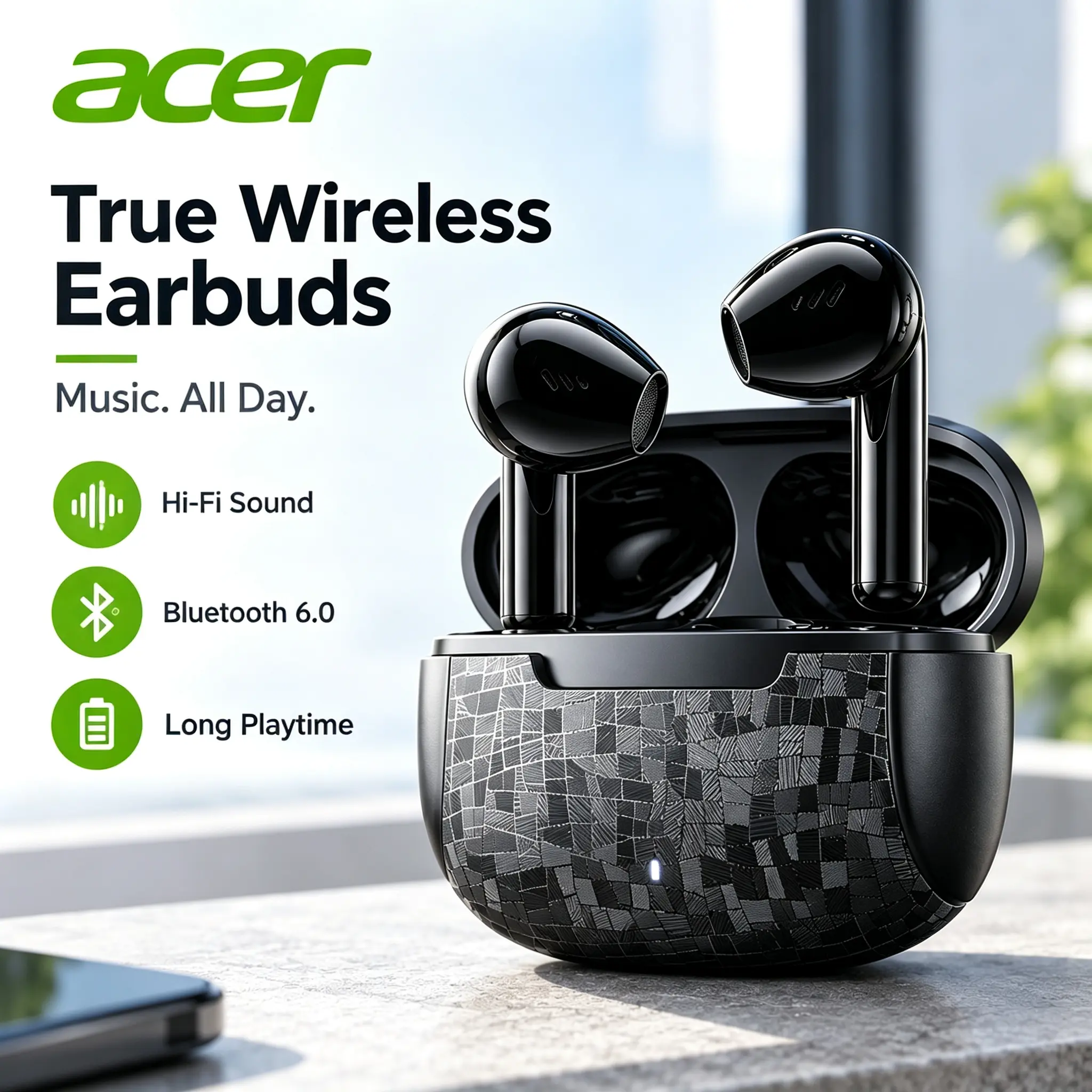 Acer OHR801 True Wireless Earbuds - Bluetooth 6.0 Audio Earbud Headset, Hi-Fi Stereo Sound Earphones, IPX5 Waterproof Bluetooth Headphones, In-Ear Design, Call-Enhancing Microphone, Compatible with iOS & Android