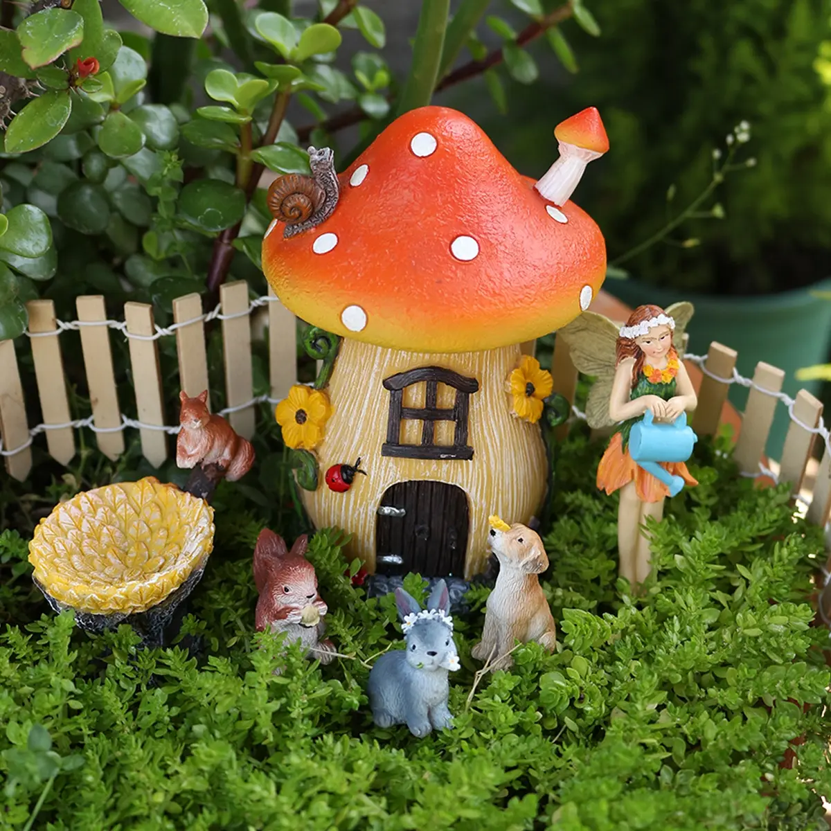 6pcs Mushroom House Resin Statue Set, Fairy, Squirrel, Rabbit, Dog Animal Figurines, Garden DIY Decoration, Spring Summer Easter Decor