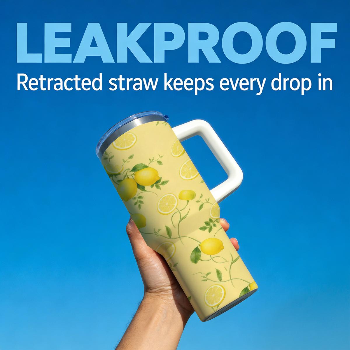 30 oz Zesty Lemon Insulated Tumbler, Sunny Yellow Travel Mug with Vintage Citrus Fruit Print, Comfort Handle & Straw, Summer Vibe Aesthetic Water Bottle, Perfect Gift for Sun Seekers