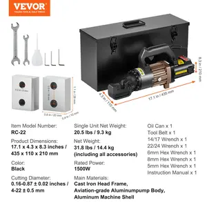 VEVOR Electric Hydraulic Rebar Cutter, 1500W Portable Rebar Cutter, Cutting up to 7/8 Inch #7 4-22mm Rebar within 2.5 Seconds, High Power Steel Rebar Cutter with Oil Can Rich Accessories, Black RC-22