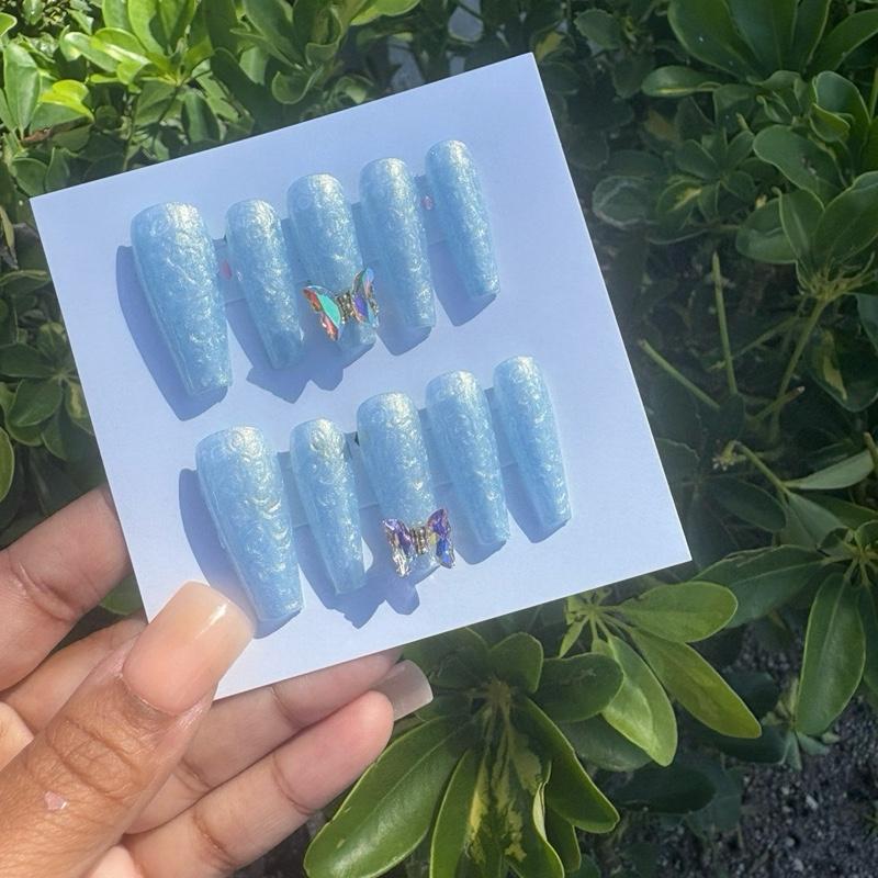 Blues N’ Butterflies Large Gel Press on Set Long Coffin Iridescent Blue Press on Nails Handmade Blue Butterfly Charm Nails