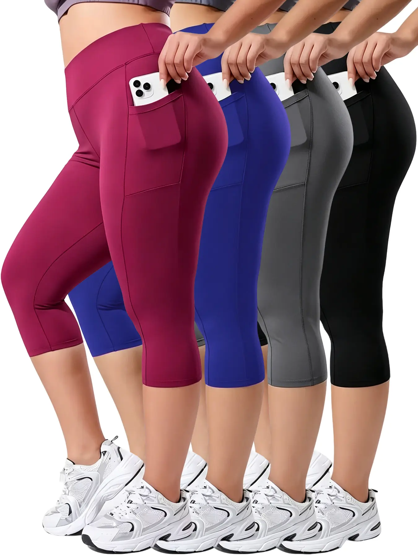 Womens High Waist Slim Fit Cropped Pants 4 Pack, Elastic Waist Tummy Control Stretchy Moisture-Wicking Anti-Chafe Soft Breathable Black Grey Blue Red