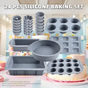 24pcs Silicone Baking Mold Set, Includes: 18 Mini Muffin Cup Molds, 12-cavity Muffin Cup Cake Pans, 9-cavity Bedlin Cake Molds, 6-cavity Jelly Pudding Pans, Square Cake Molds, Round Cake Molds, Toast Bread Molds, Silicone Pancake Pans, A Set of Molds to M