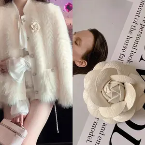 FairyJiang Same Style Camellia Flower Brooch White Leather Flower Fur Accessories High-end Pin