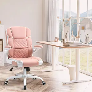 SEATZONE Ergonomic Office Chair Pink PU Leather Desk Chairs Computer Chair with Wheels and Flip-up Arms,Rolling Swivel Task Chair for Women,Girls